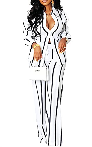 Women's Two Piece Outfits Striped Button Down Shirt Pants Sets B-white