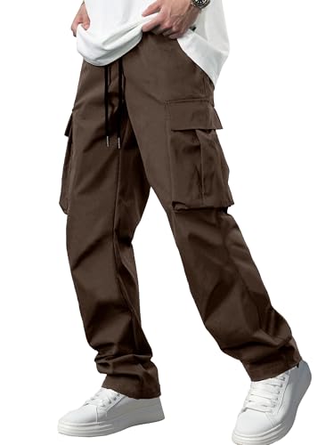 Men's Casual Cargo Pants Tactical Work Pants with Pockets | Durable & breathable, workout joggers, stretch sweatpants, drawstring elastic waist, hiking, outdoor, running Dark Brown