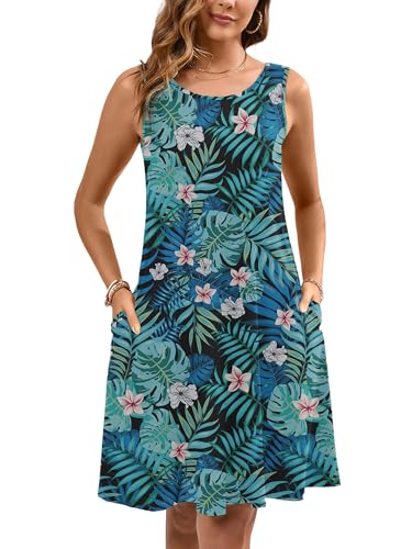 Women's Summer Dresses Sleeveless Casual Fashion Loose Swing Button Down Beach Dress with Pockets P14-black Jungle Blooms