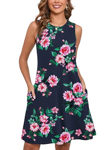 Women's Summer Dresses Sleeveless Casual Fashion Loose Swing Button Down Beach Dress with Pockets G26-pink Peony