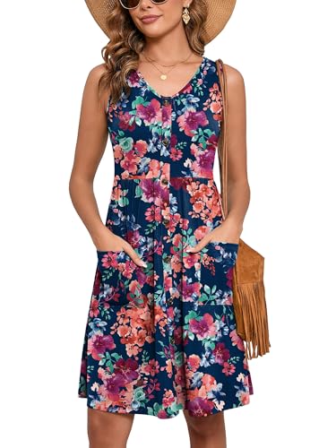 Women's Summer Dresses Sleeveless Casual Fashion Loose Swing Button Down Beach Dress with Pockets L28-blue Colored Flower