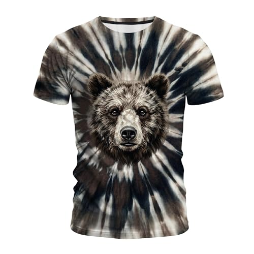 Men's Tie Dye Animal Graphic T-Shirt, Crew Neck Short Sleeve Summer Casual Tee Brown Black Tie Dye Bear-1