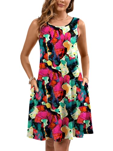 Women's Summer Dresses Sleeveless Casual Fashion Loose Swing Button Down Beach Dress with Pockets P21-multicolored