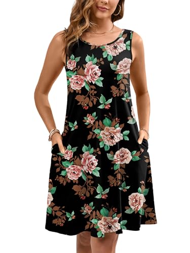 Women's Summer Dresses Sleeveless Casual Fashion Loose Swing Button Down Beach Dress with Pockets P12-black Pink Floral