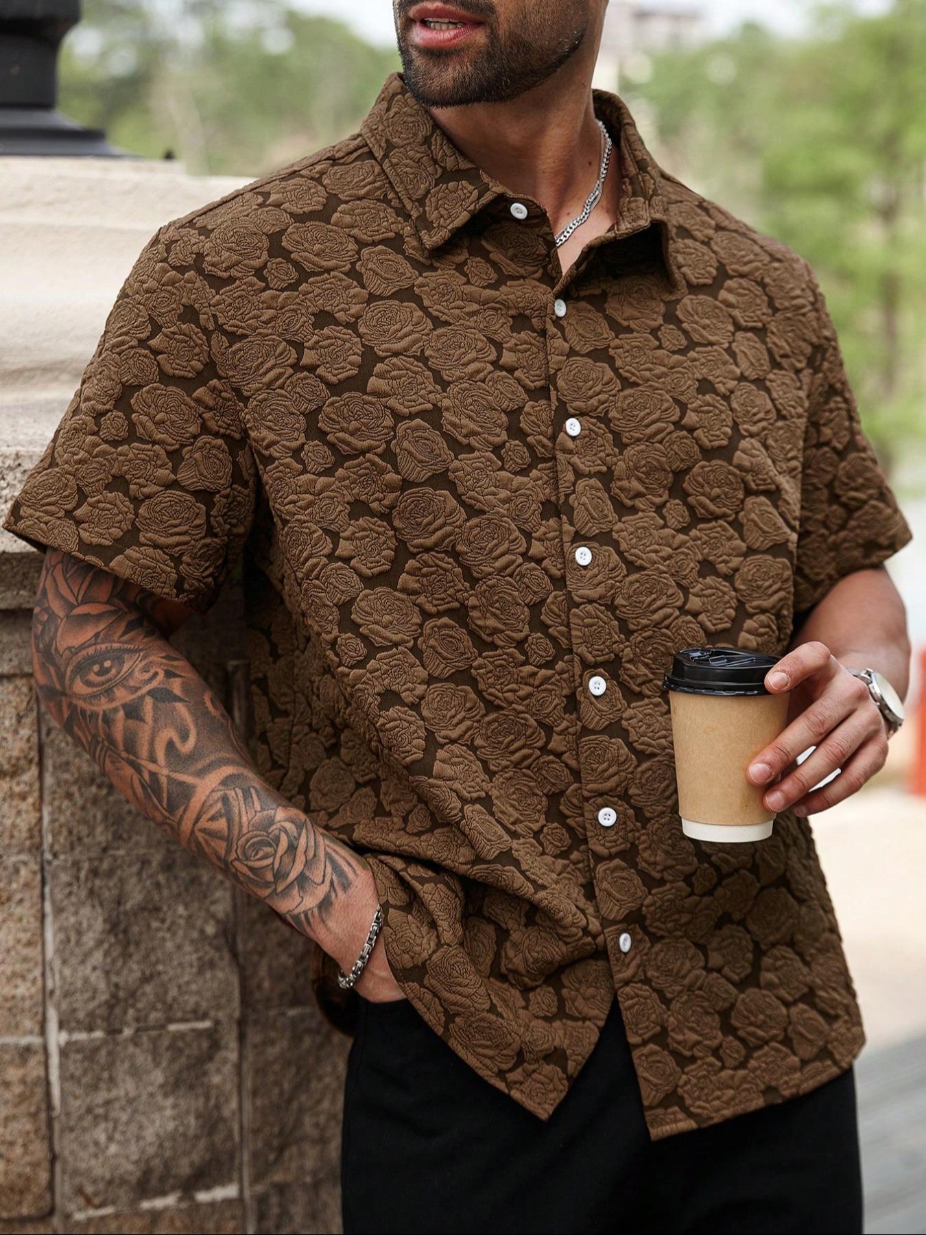 Men's Loose Rose Print Short Sleeve Shirt, Soft Comfy Button Front Collared Top for Summer, Men's Clothes for Daily Wear, Casual Menswear