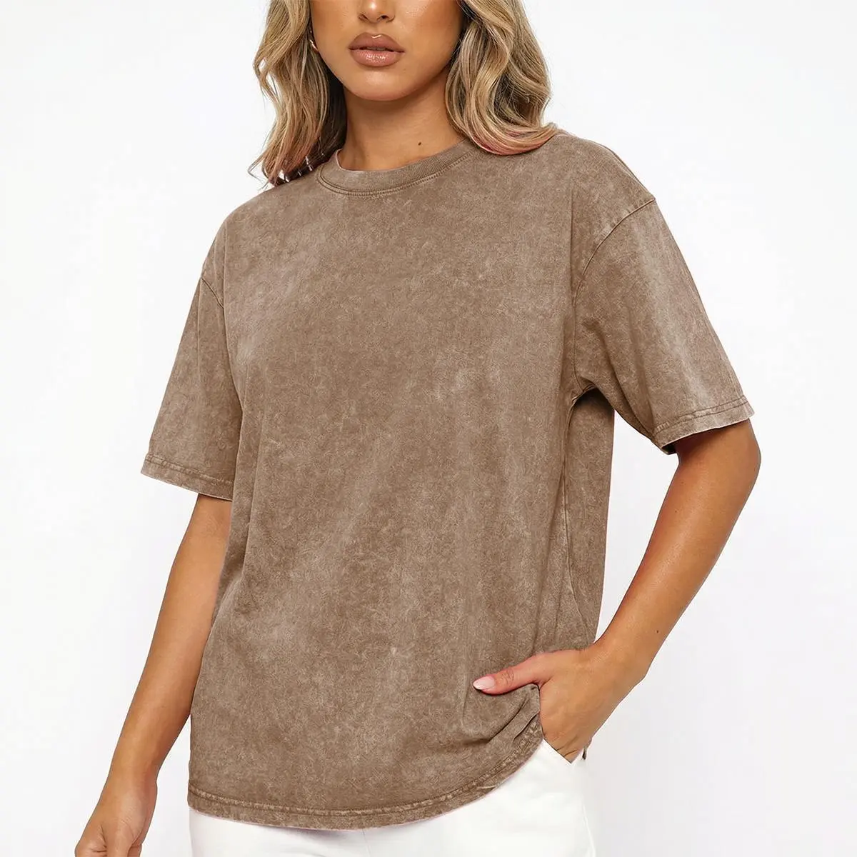 Women's cotton acid wash t-shirt back outfit view
