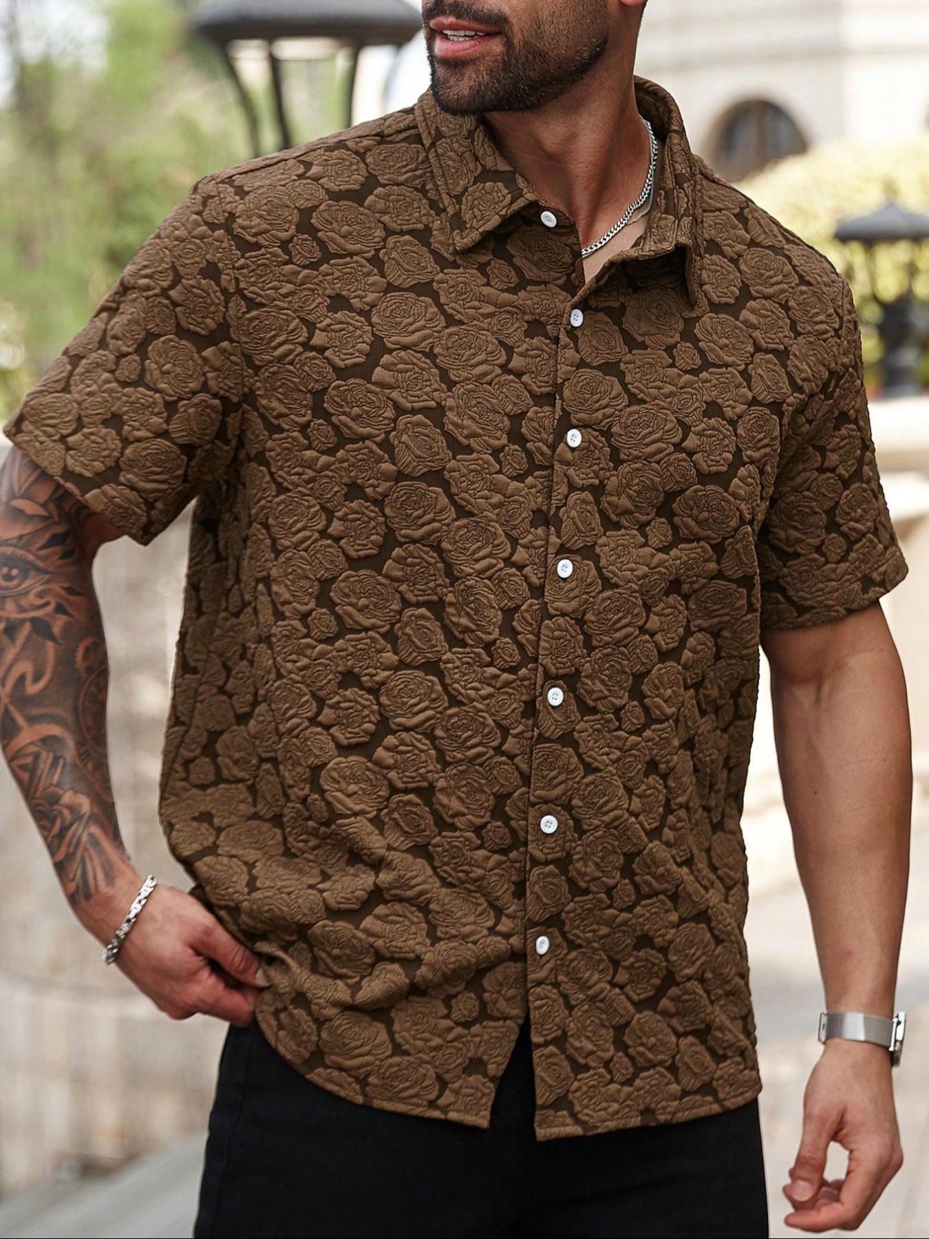 Men's Loose Rose Print Short Sleeve Shirt, Soft Comfy Button Front Collared Top for Summer, Men's Clothes for Daily Wear, Casual Menswear