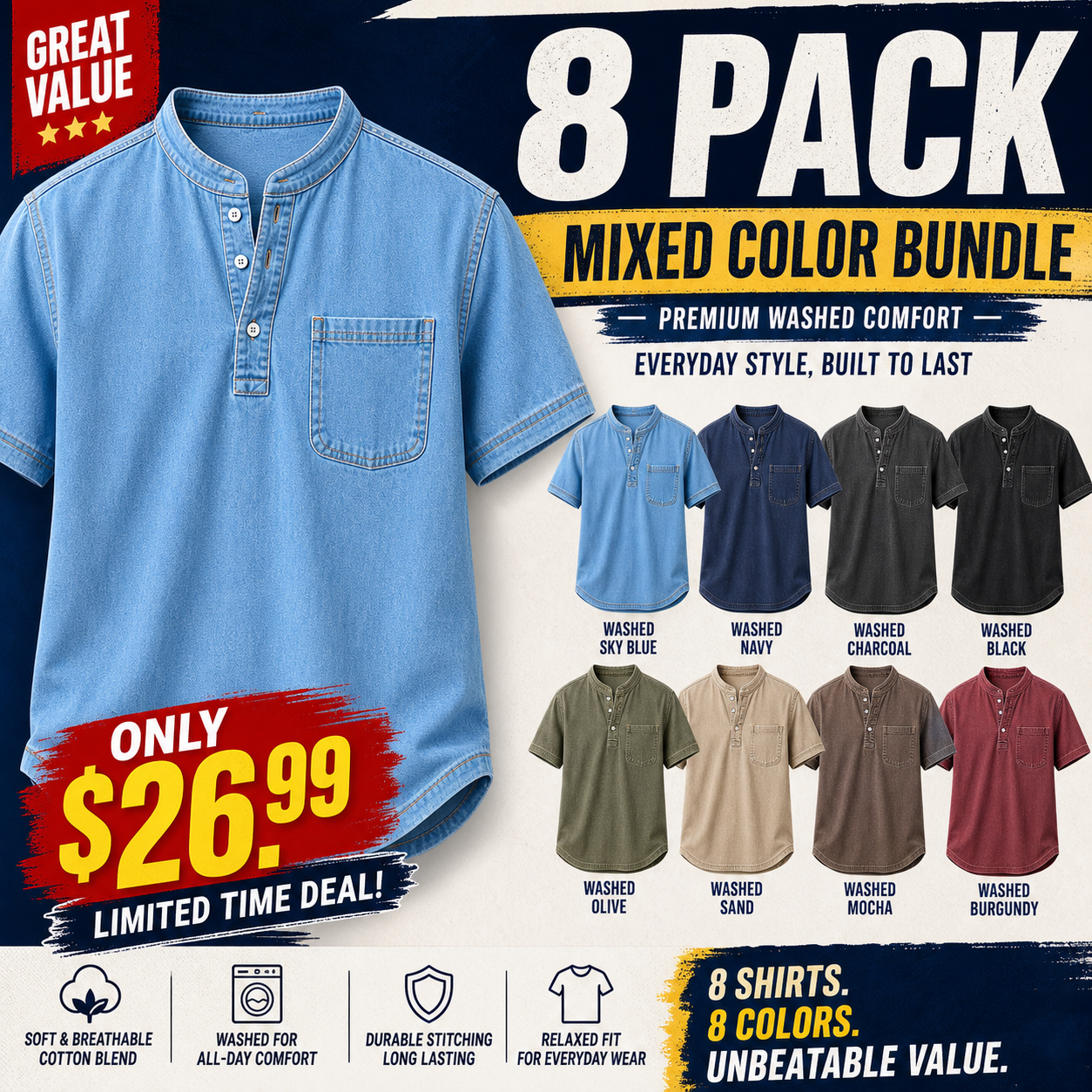 Limited Deal 8-Pack Men's Washed Cotton Blend Pocket Polo Shirts, Lightweight Breathable 3-Button Relaxed Fit