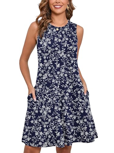 Women's Summer Dresses Sleeveless Casual Fashion Loose Swing Button Down Beach Dress with Pockets G15-vine Flower