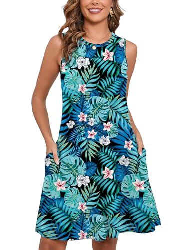 Women's Summer Dresses Sleeveless Casual Fashion Loose Swing Button Down Beach Dress with Pockets G29-black Jungle Blooms