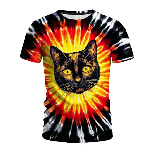 Men's Tie Dye Animal Graphic T-Shirt, Crew Neck Short Sleeve Summer Casual Tee Red Yellow Black Tie Dye Cat-8