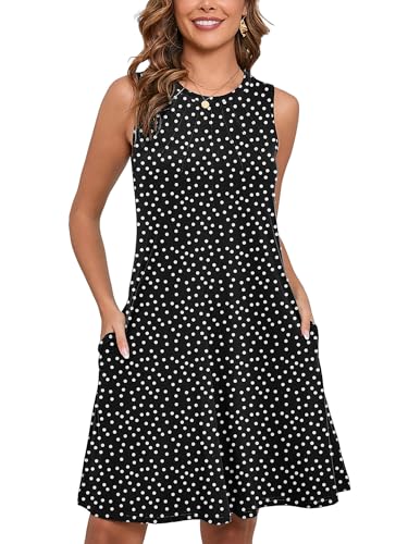 Women's Summer Dresses Sleeveless Casual Fashion Loose Swing Button Down Beach Dress with Pockets G18-polkadots Black
