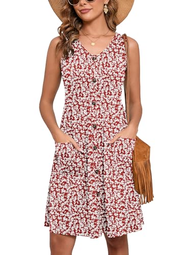 Women's Summer Dresses Sleeveless Casual Fashion Loose Swing Button Down Beach Dress with Pockets L16-maple Leaf