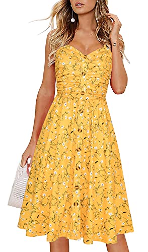Women's Summer Casual Dress Florals Buttons Down Ruched Sweetheart Neck Sleeveless Midi Sundress Yellow Floral