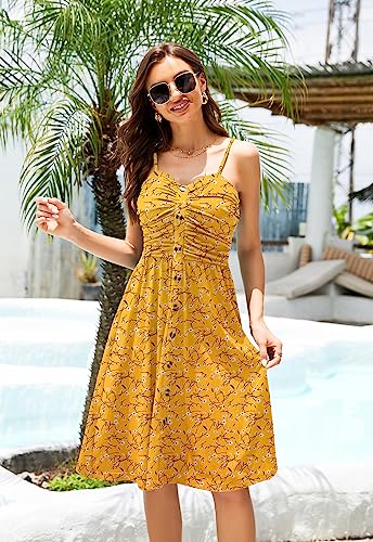 Women's Summer Casual Dress Florals Buttons Down Ruched Sweetheart Neck Sleeveless Midi Sundress image 25