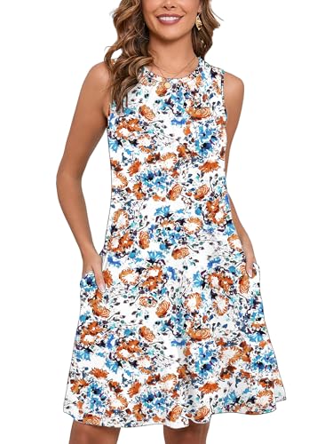Women's Summer Dresses Sleeveless Casual Fashion Loose Swing Button Down Beach Dress with Pockets G22-blue Yellow Inks