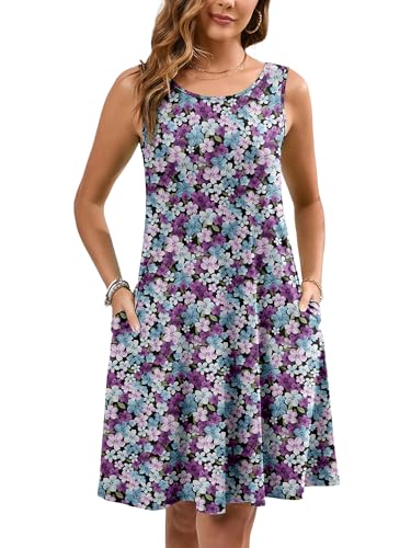 Women's Summer Dresses Sleeveless Casual Fashion Loose Swing Button Down Beach Dress with Pockets P16-tricolor Blossoms