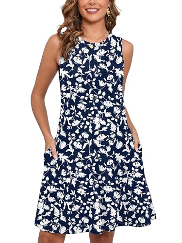 Women's Summer Dresses Sleeveless Casual Fashion Loose Swing Button Down Beach Dress with Pockets G20-navy Blue Silhouette image 140