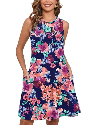 Women's Summer Dresses Sleeveless Casual Fashion Loose Swing Button Down Beach Dress with Pockets G21-blue Colored Flower