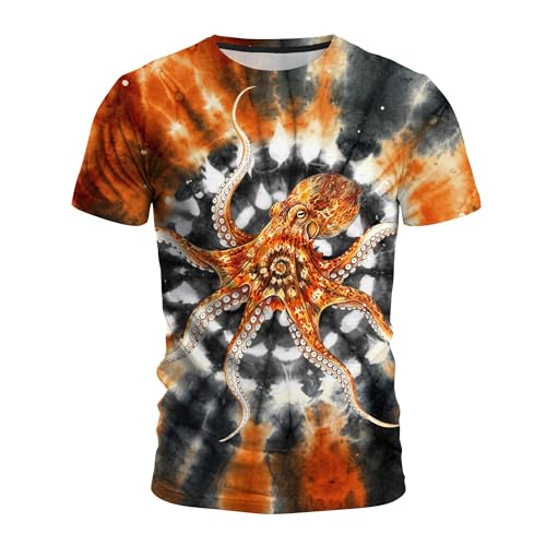Men's Tie Dye Animal Graphic T-Shirt, Crew Neck Short Sleeve Summer Casual Tee Orange Black Tie Dye Octopus-7