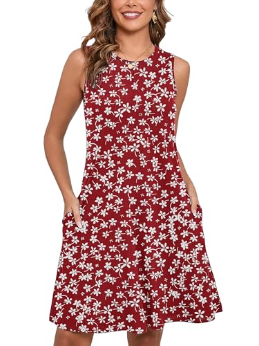 Women's Summer Dresses Sleeveless Casual Fashion Loose Swing Button Down Beach Dress with Pockets G17-plum Blossom