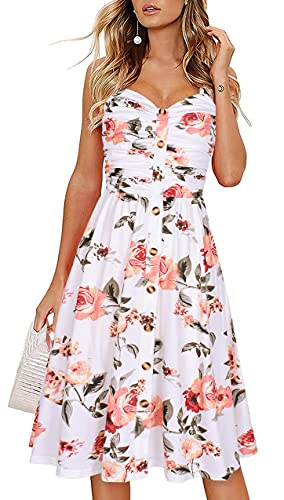 Women's Summer Casual Dress Florals Buttons Down Ruched Sweetheart Neck Sleeveless Midi Sundress White Floral 2