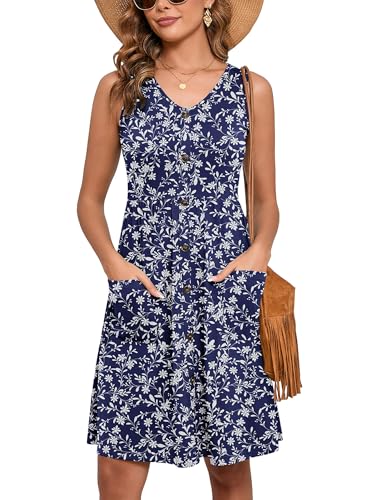 Women's Summer Dresses Sleeveless Casual Fashion Loose Swing Button Down Beach Dress with Pockets L13-vine Flower