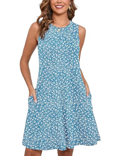Women's Summer Dresses Sleeveless Casual Fashion Loose Swing Button Down Beach Dress with Pockets G13-daisy Blue