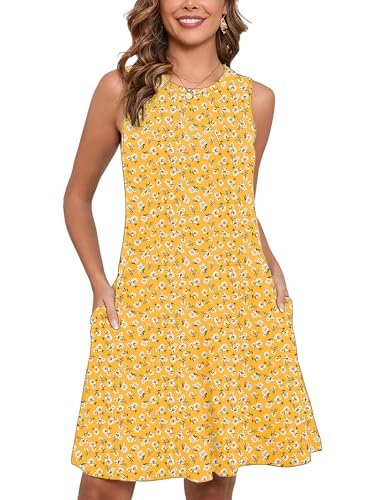 Women's Summer Dresses Sleeveless Casual Fashion Loose Swing Button Down Beach Dress with Pockets G25-yellow Celosia