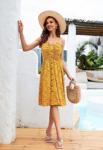 Women's Summer Casual Dress Florals Buttons Down Ruched Sweetheart Neck Sleeveless Midi Sundress image 27