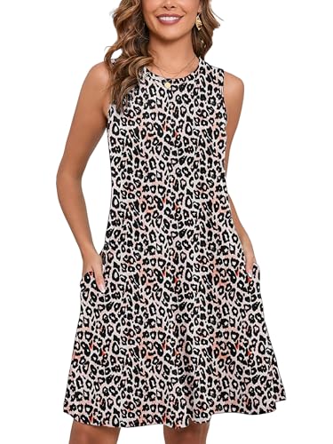 Women's Summer Dresses Sleeveless Casual Fashion Loose Swing Button Down Beach Dress with Pockets G30-fancy Peachy Leopard