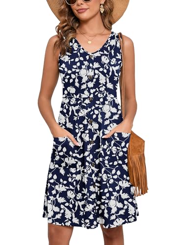 Women's Summer Dresses Sleeveless Casual Fashion Loose Swing Button Down Beach Dress with Pockets L20-navy Blue Silhouette