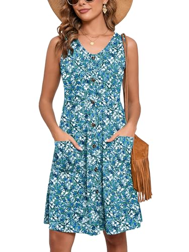 Women's Summer Dresses Sleeveless Casual Fashion Loose Swing Button Down Beach Dress with Pockets L24-monet Garden