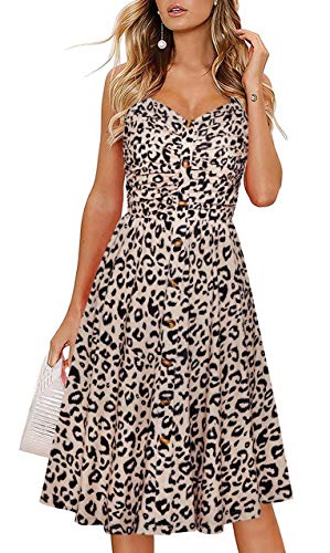 Women's Summer Casual Dress Florals Buttons Down Ruched Sweetheart Neck Sleeveless Midi Sundress Leopard 2