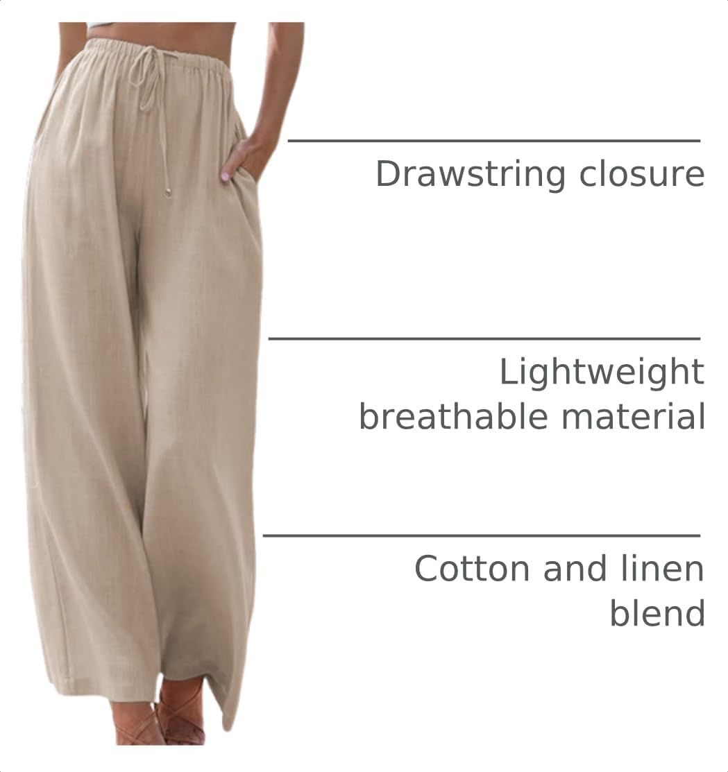 Women's Cotton Linen Summer Palazzo Pants Flowy Wide Leg Beach Trousers with Pockets detail image 3