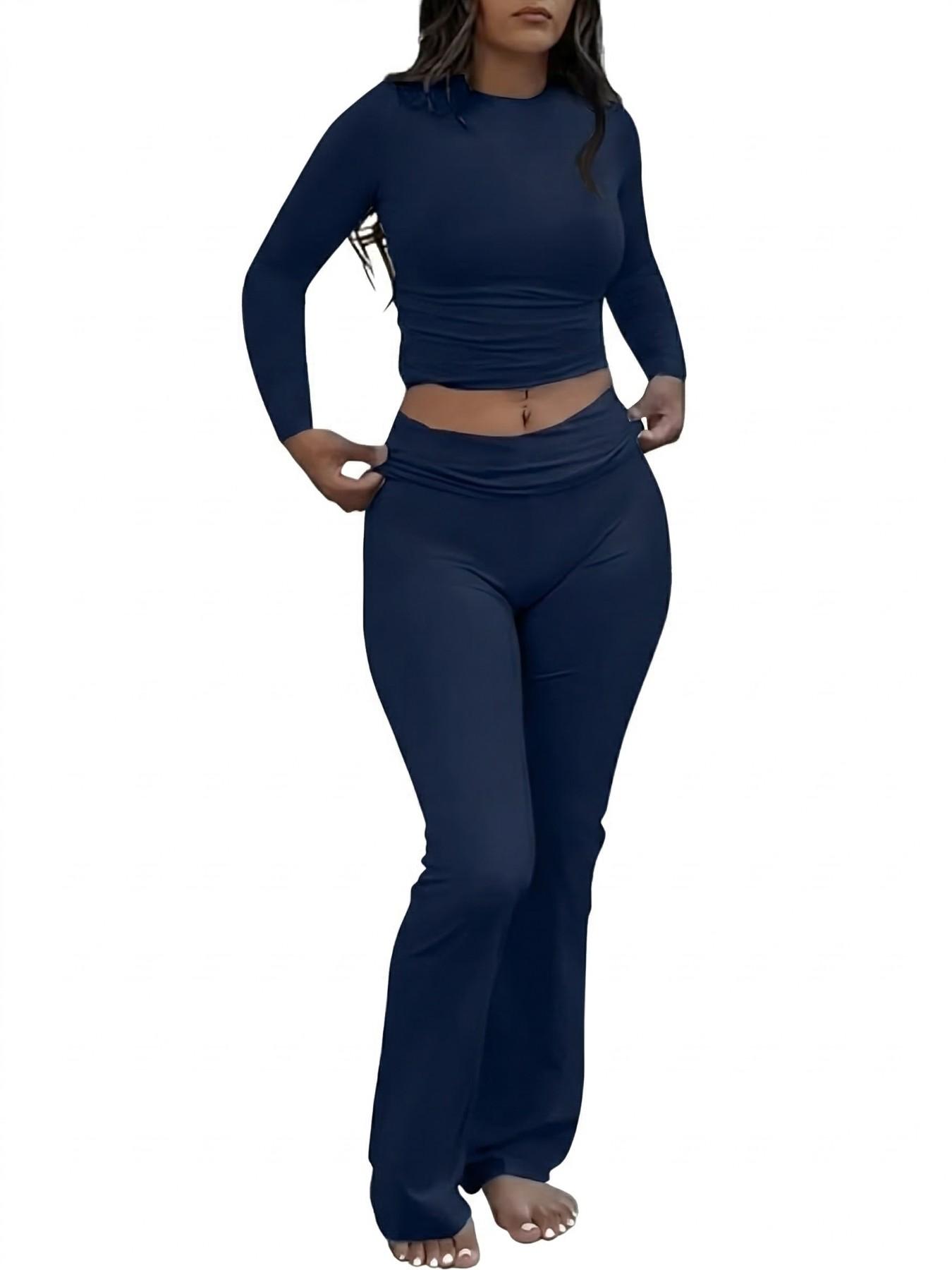Women's Basic Solid Long Sleeve Crop Tee & Flare Leg Skinny Pants Loungewear Set, Casual Round Neck Top & Bell Bottom Leggings, Sleepwear Pajama Set for Women, Pjs Women's Basic Solid Long Sleeve Crop Tee & Flare Leg Skinny Pants Loungewear Set, Casual Round Neck Top & Bell Bottom Leggings, Sleepwear Pajama Set for Women, Pjs