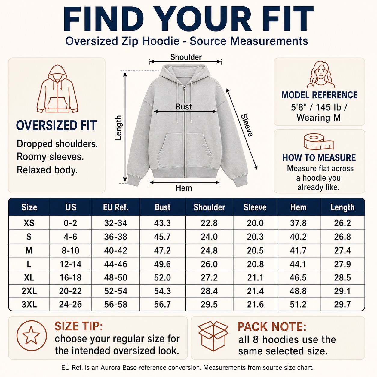 Women's Oversized Zip Hoodie 8PCS Sets PRODUCT SIZE GUIDE product size guide