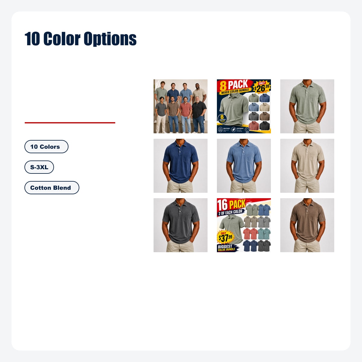 8-Piece Men's Washed Cotton Blend Pocket Polo Shirts, Lightweight Breathable 3-Button Relaxed Fit - 10 Color Options