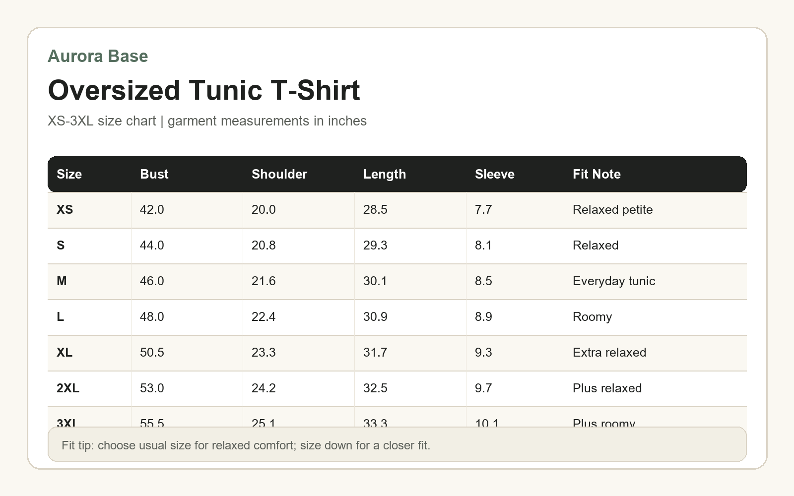 Women's oversized tunic t-shirt XS-3XL size chart