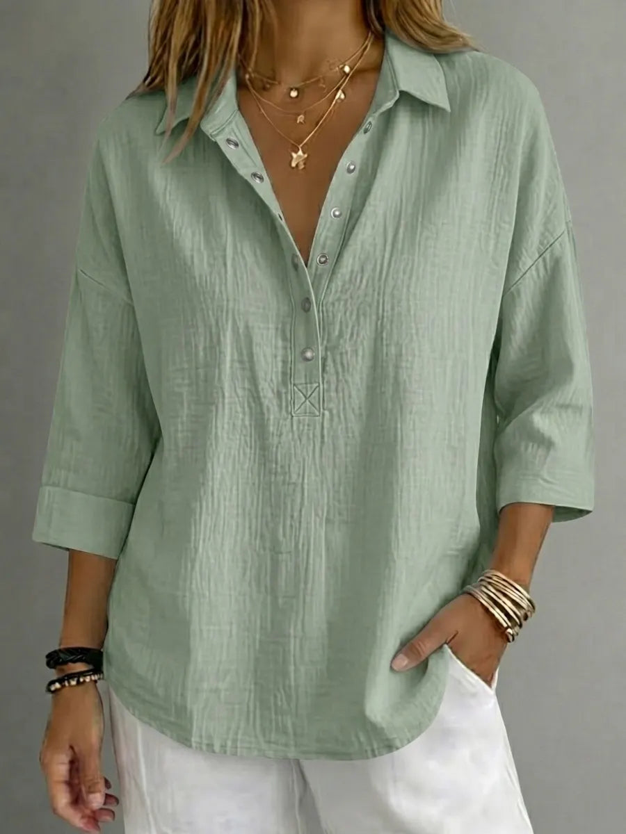 Aurora Base Women's Casual Cotton Linen 3/4 Sleeve Henley Shirt in Sage Green