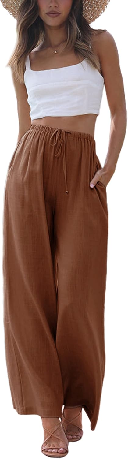 Women's Cotton Linen Summer Palazzo Pants Flowy Wide Leg Beach Trousers with Pockets Rust