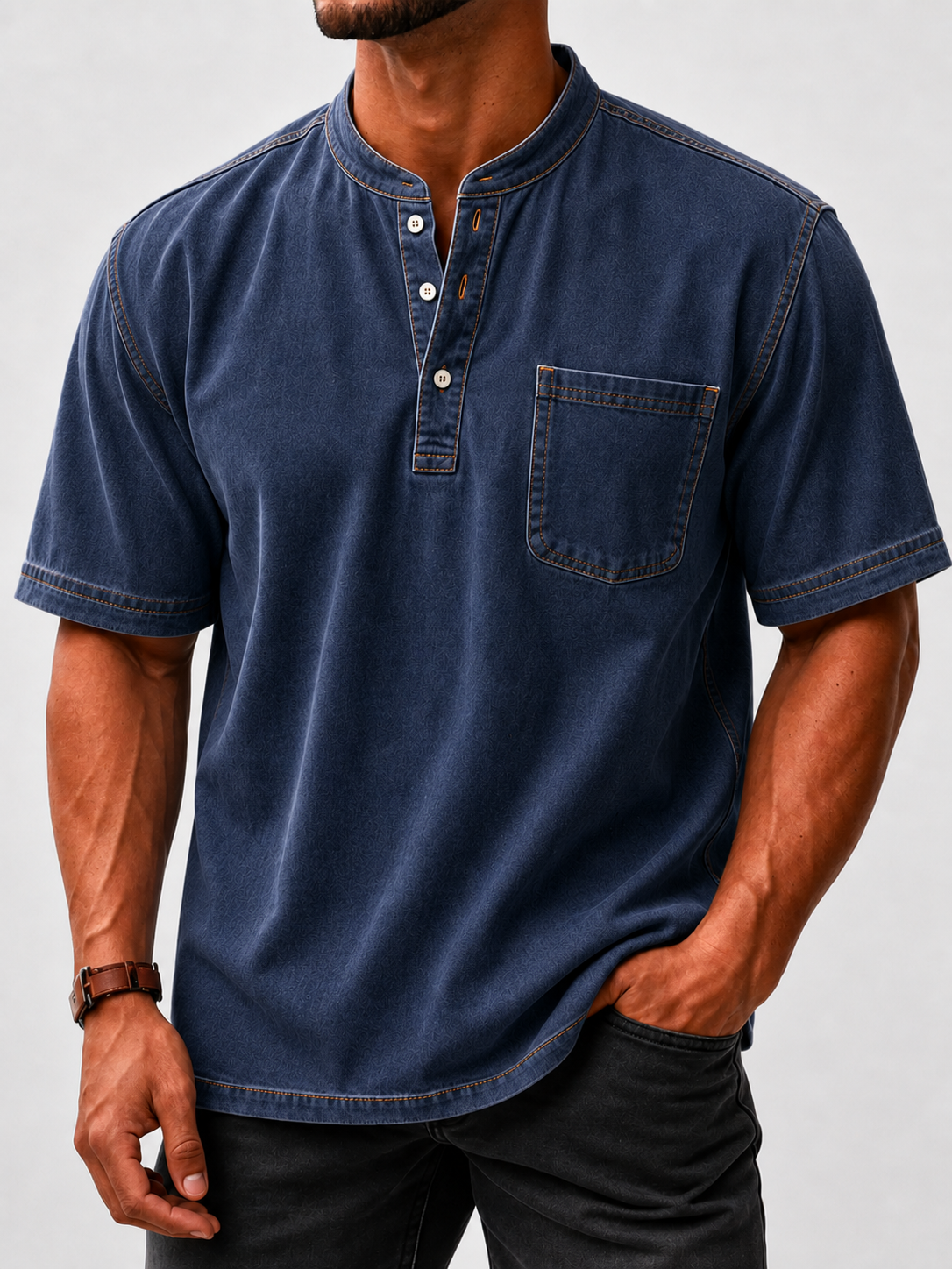 8-Piece Men's Washed Stand Collar Henley Shirts, Short Sleeve Relaxed Fit Pocket Tops
