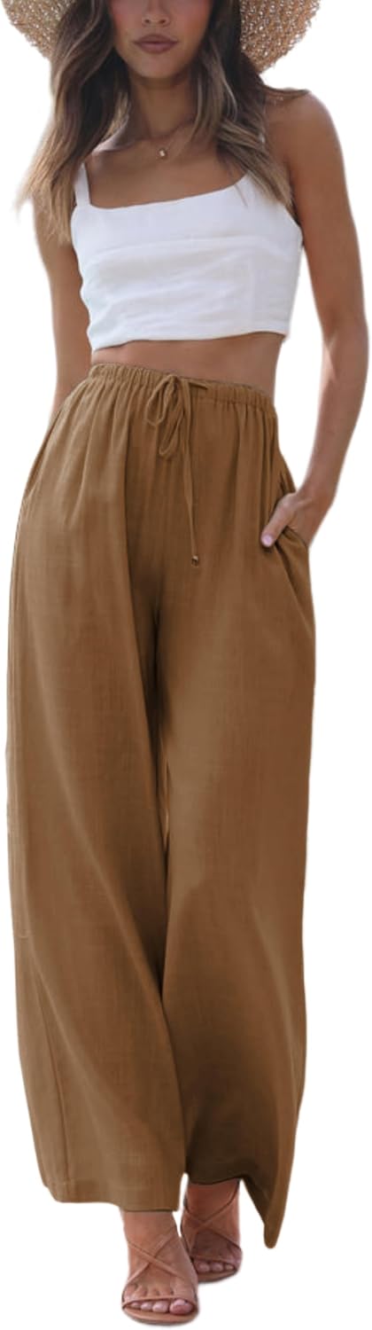 Women's Cotton Linen Summer Palazzo Pants Flowy Wide Leg Beach Trousers with Pockets Brown