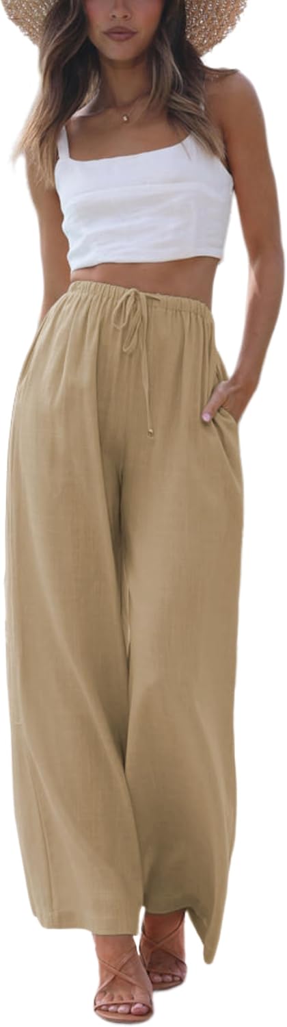Women's Cotton Linen Summer Palazzo Pants Flowy Wide Leg Beach Trousers with Pockets Darkkhaki