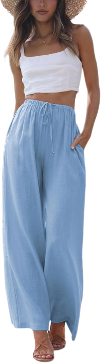 Women's Cotton Linen Summer Palazzo Pants Flowy Wide Leg Beach Trousers with Pockets Skyblue