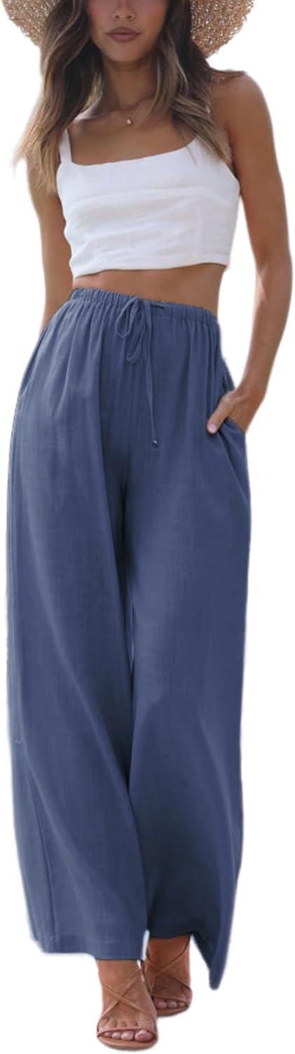 Women's Cotton Linen Summer Palazzo Pants Flowy Wide Leg Beach Trousers with Pockets Bluegrey