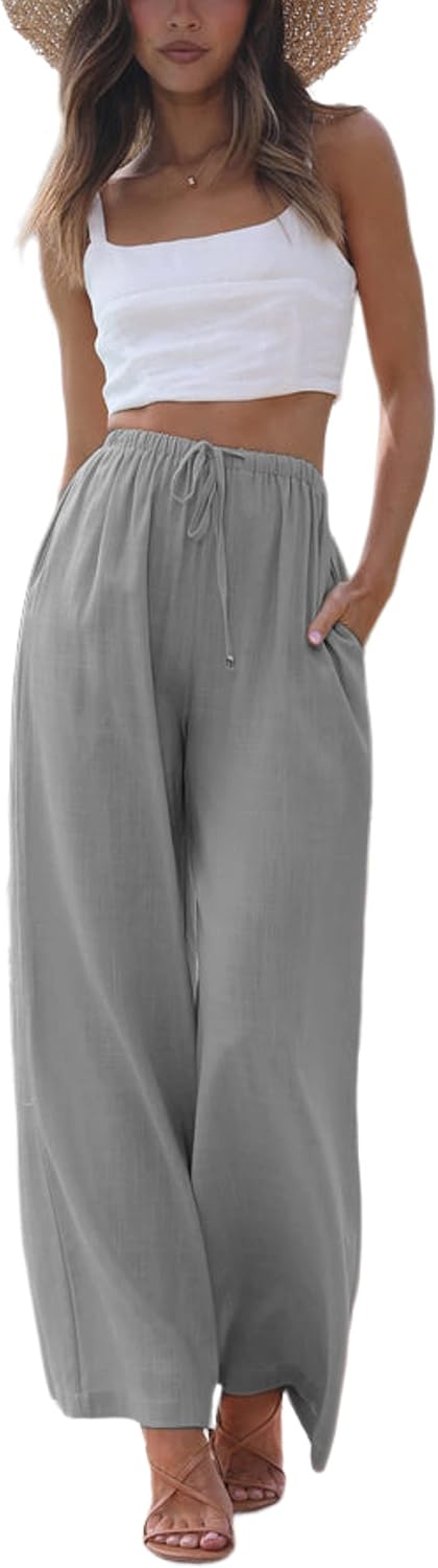 Women's Cotton Linen Summer Palazzo Pants Flowy Wide Leg Beach Trousers with Pockets Grey