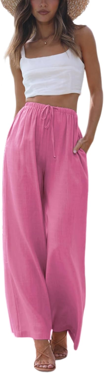 Women's Cotton Linen Summer Palazzo Pants Flowy Wide Leg Beach Trousers with Pockets Pink
