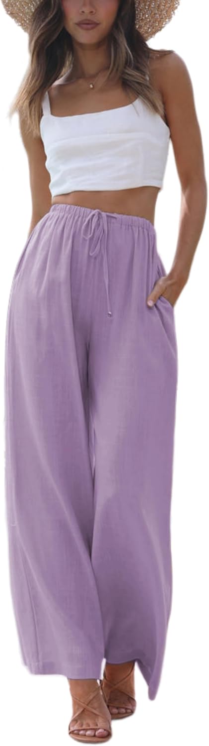 Women's Cotton Linen Summer Palazzo Pants Flowy Wide Leg Beach Trousers with Pockets Purple