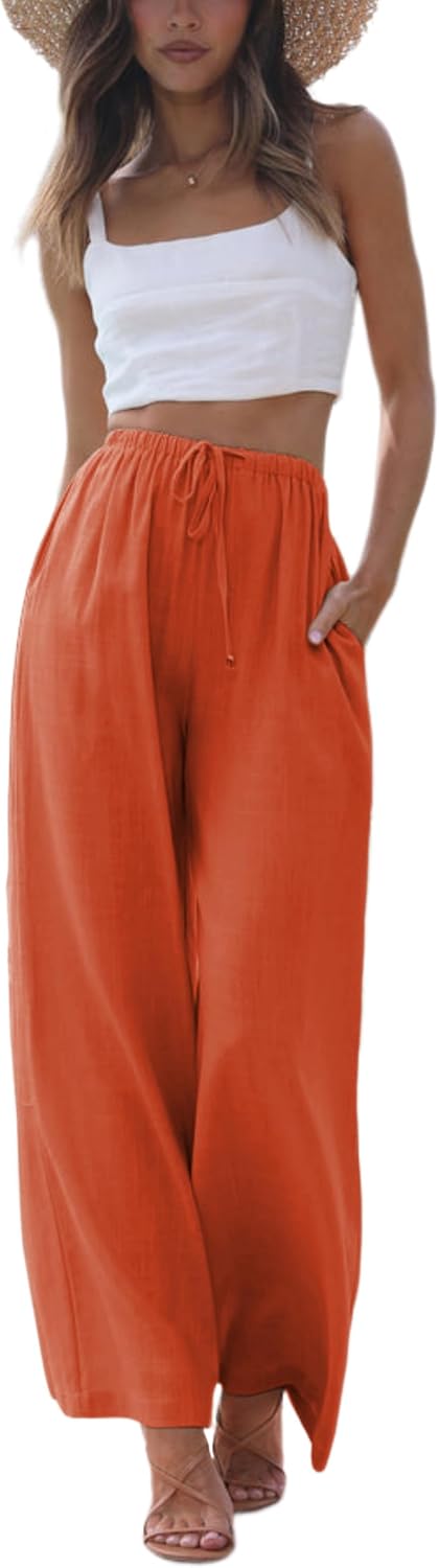 Women's Cotton Linen Summer Palazzo Pants Flowy Wide Leg Beach Trousers with Pockets Orange